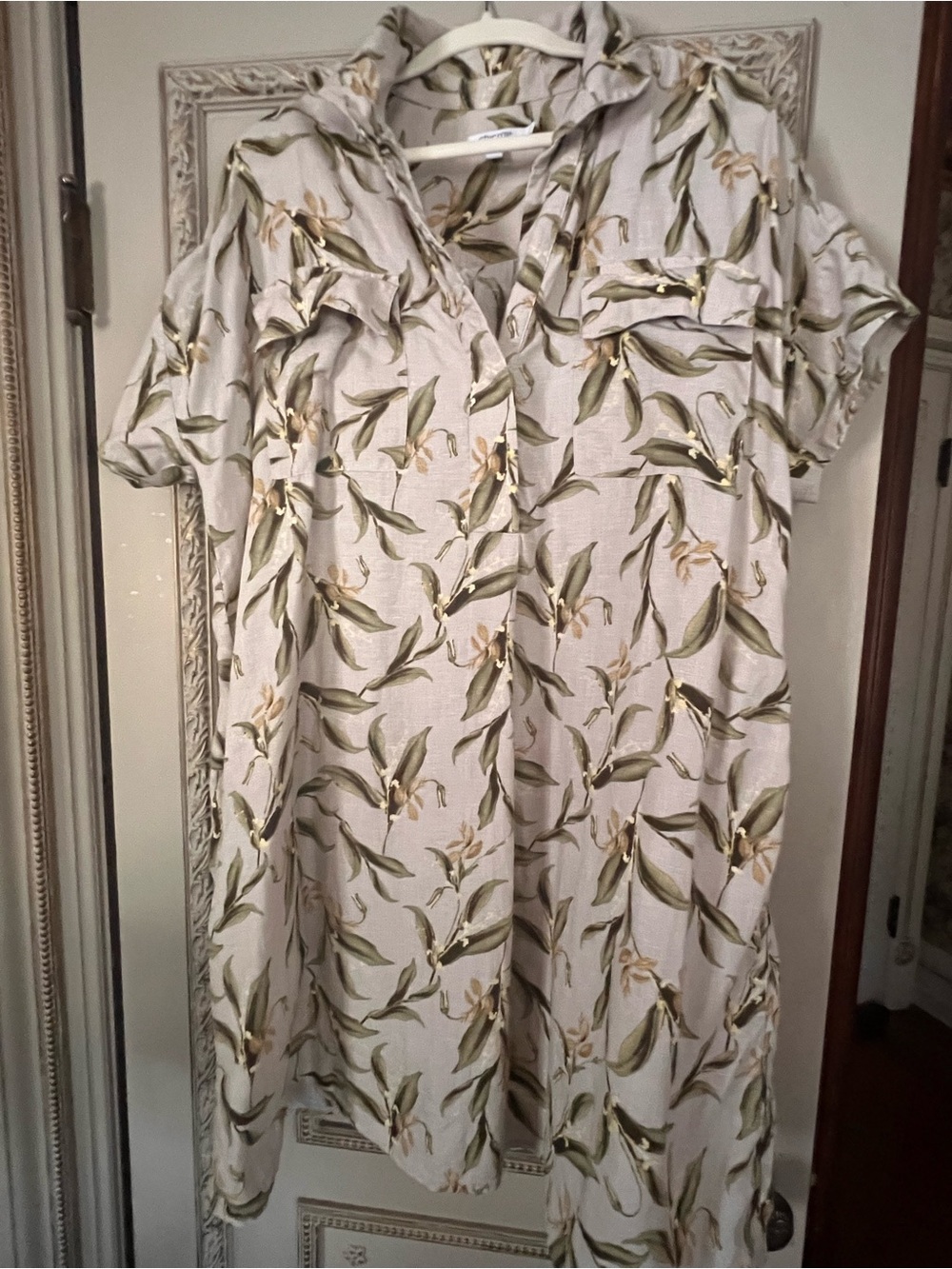 Chico’s 100% Linen Floral Shirt Dress Beige Green Size 3 (XL)